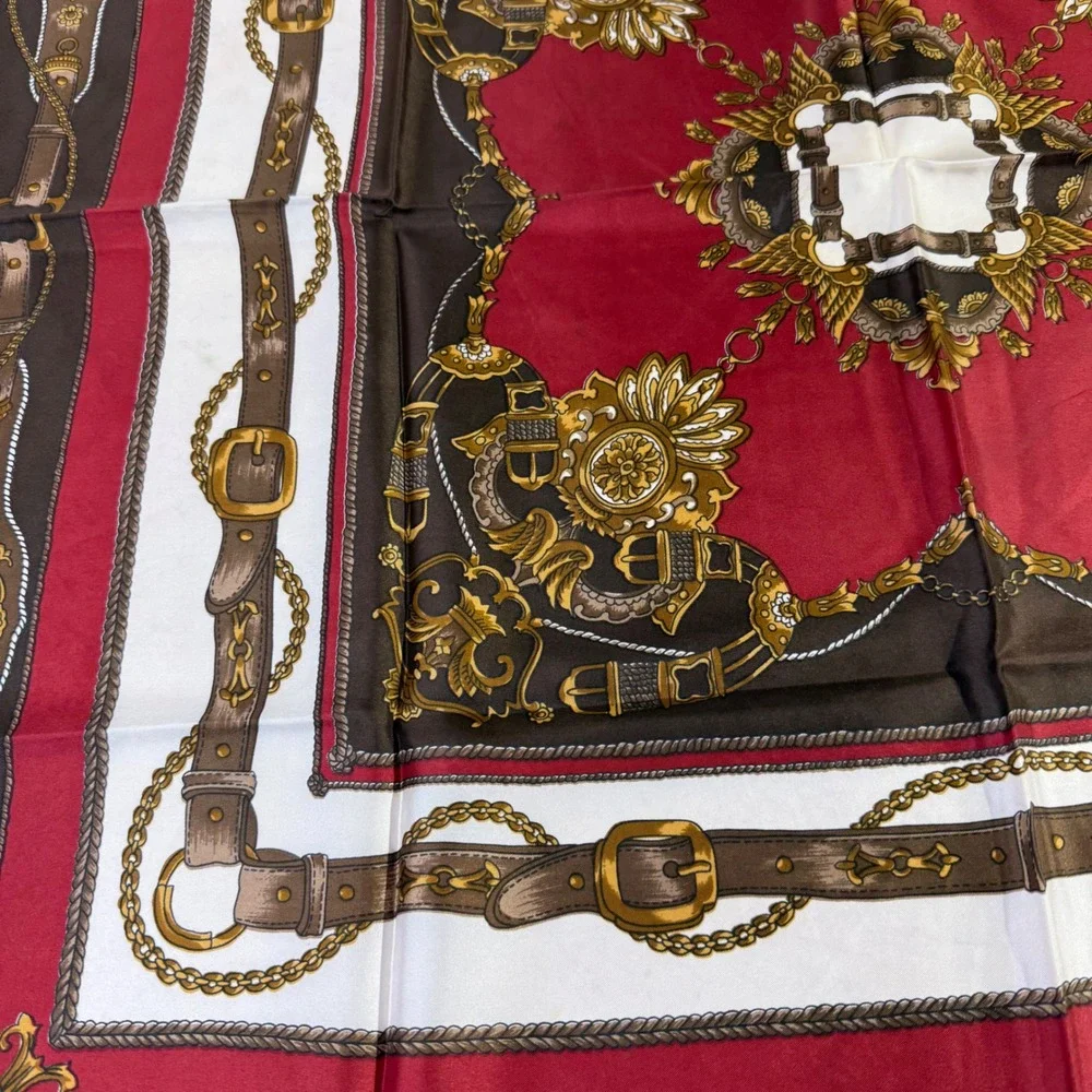 Vintage Golden Camel Silk Scarf Red Brown Equestrian Belt Print READ